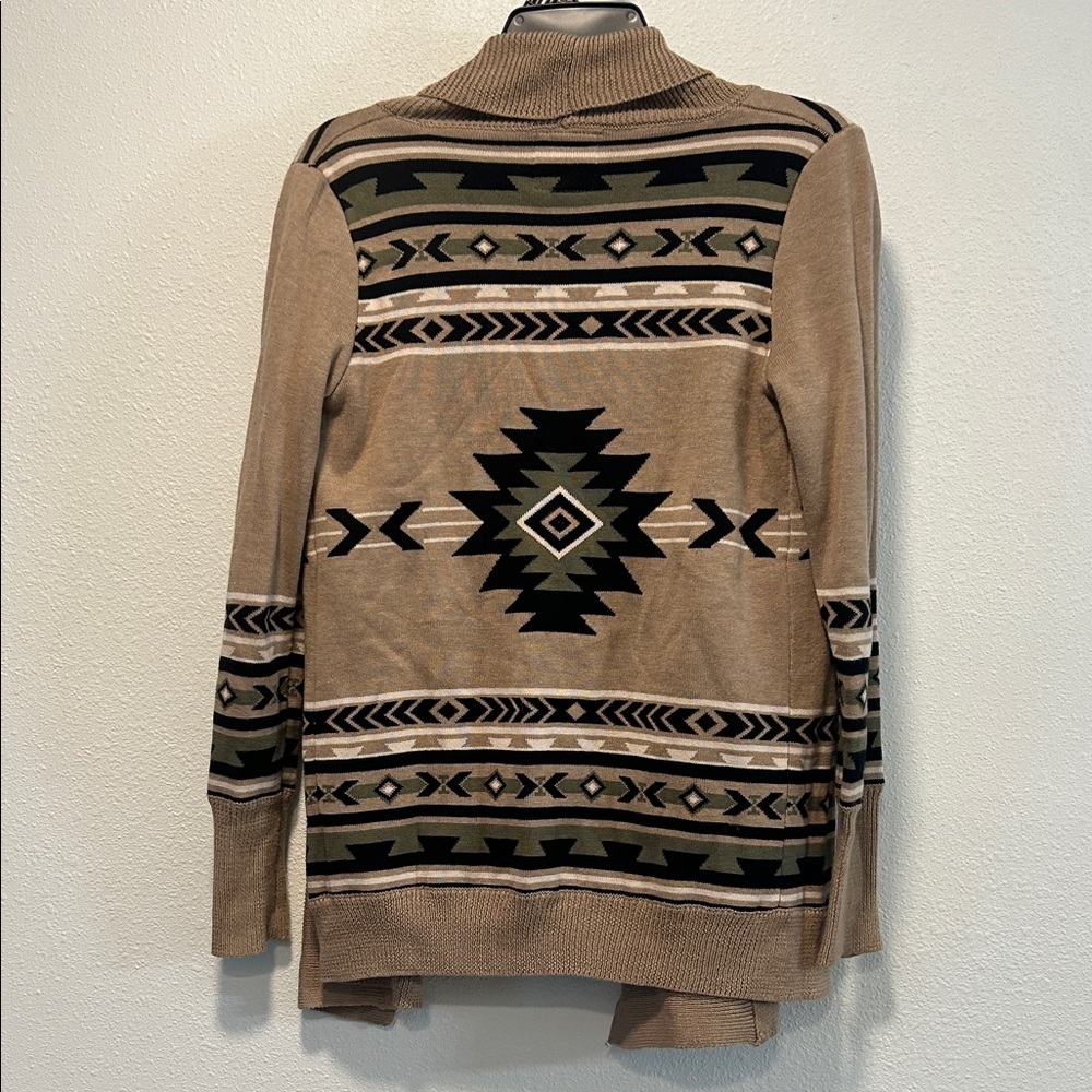 Lira Tan Aztec Open-Front Cardigan with Black and Olive Accents - Picture 3 of 3